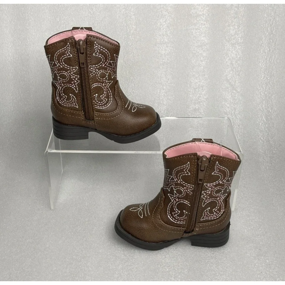 Wonder Nation Brown Zip up Square Toe Cowboy Cowgirl Boots Baby Girls Size 3